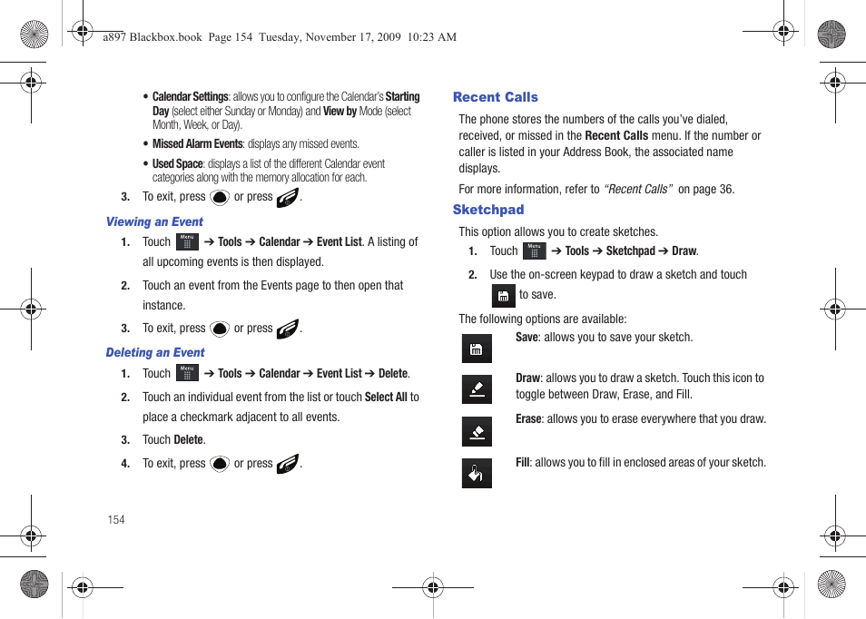 Recent calls, Sketchpad, Recent calls sketchpad | Samsung SGH-A897ZKAATT User Manual | Page 158 / 202