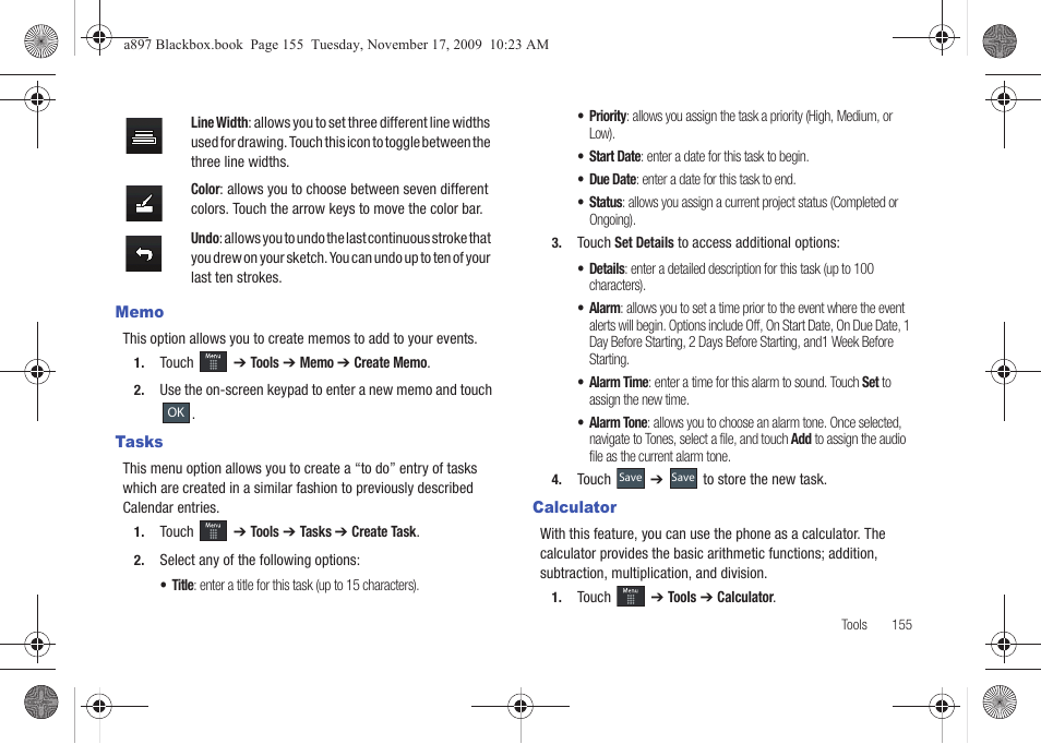 Memo, Tasks, Calculator | Memo tasks calculator | Samsung SGH-A897ZKAATT User Manual | Page 159 / 202