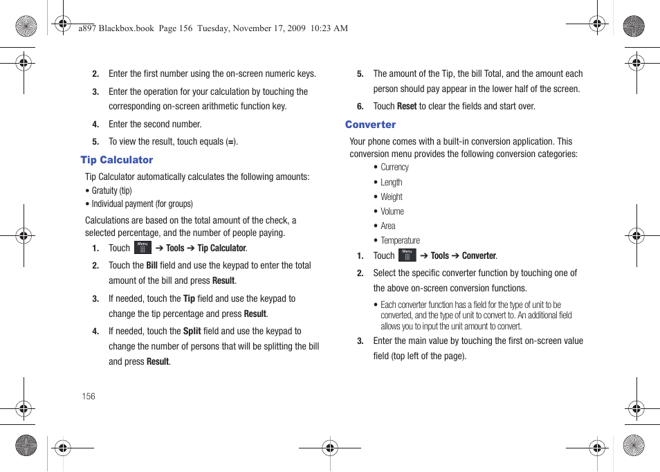 Tip calculator, Converter, Tip calculator converter | Samsung SGH-A897ZKAATT User Manual | Page 160 / 202