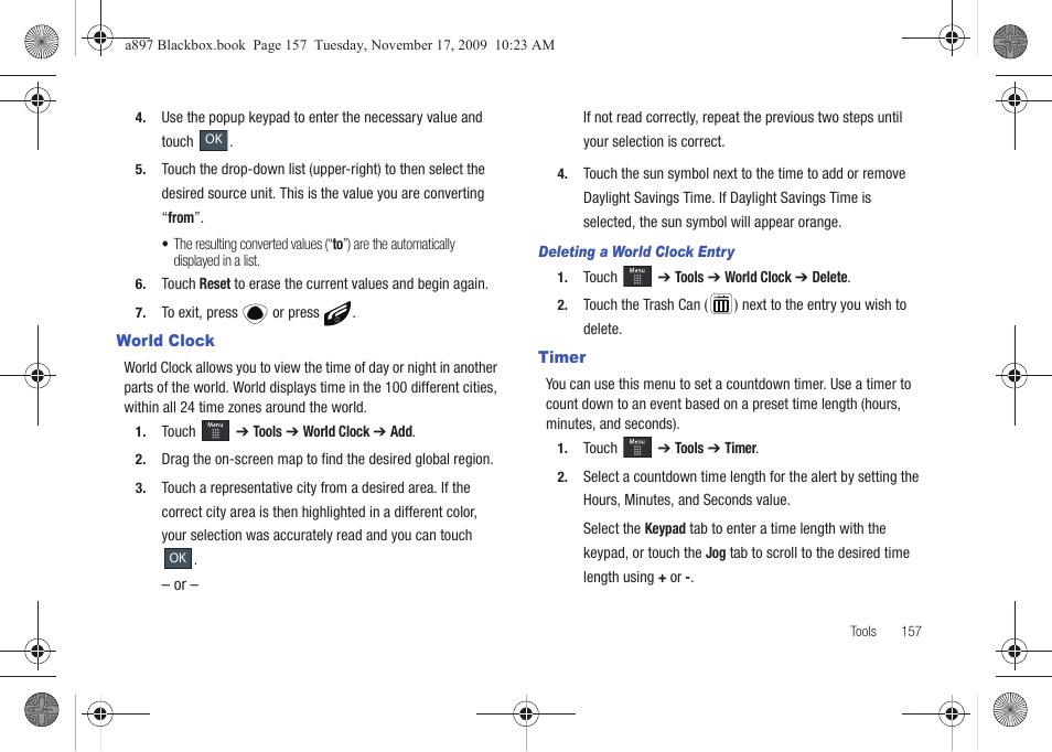 World clock, Timer, World clock timer | Samsung SGH-A897ZKAATT User Manual | Page 161 / 202