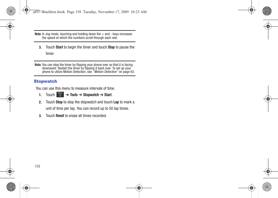 Stopwatch | Samsung SGH-A897ZKAATT User Manual | Page 162 / 202