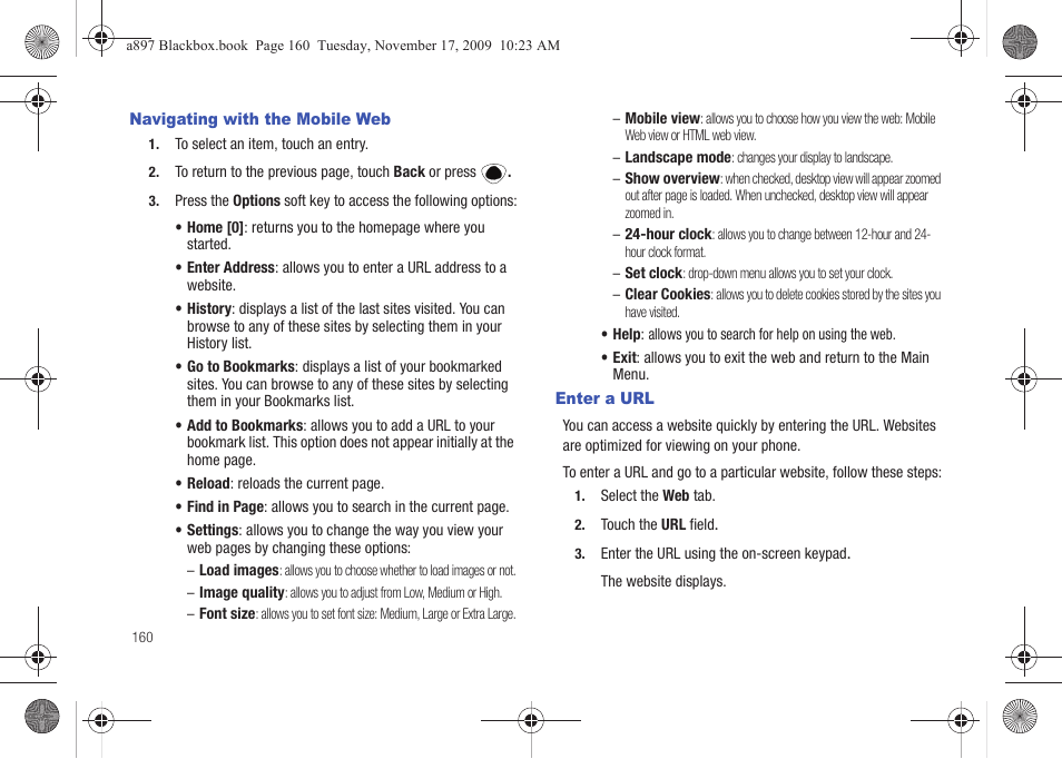 Navigating with the mobile web, Enter a url, Navigating with the mobile web enter a url | Samsung SGH-A897ZKAATT User Manual | Page 164 / 202