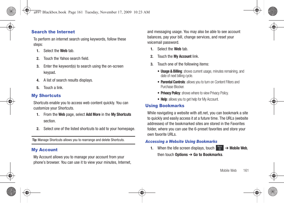 Search the internet, My shortcuts, My account | Using bookmarks | Samsung SGH-A897ZKAATT User Manual | Page 165 / 202
