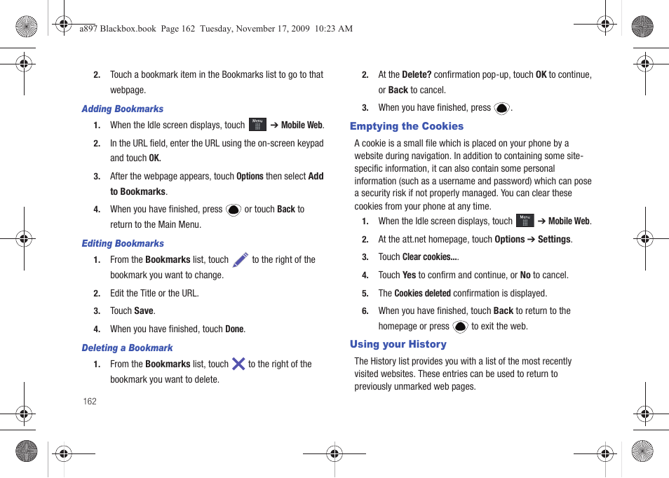 Emptying the cookies, Using your history, Emptying the cookies using your history | Samsung SGH-A897ZKAATT User Manual | Page 166 / 202