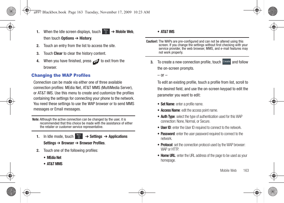 Changing the wap profiles, E. for more | Samsung SGH-A897ZKAATT User Manual | Page 167 / 202