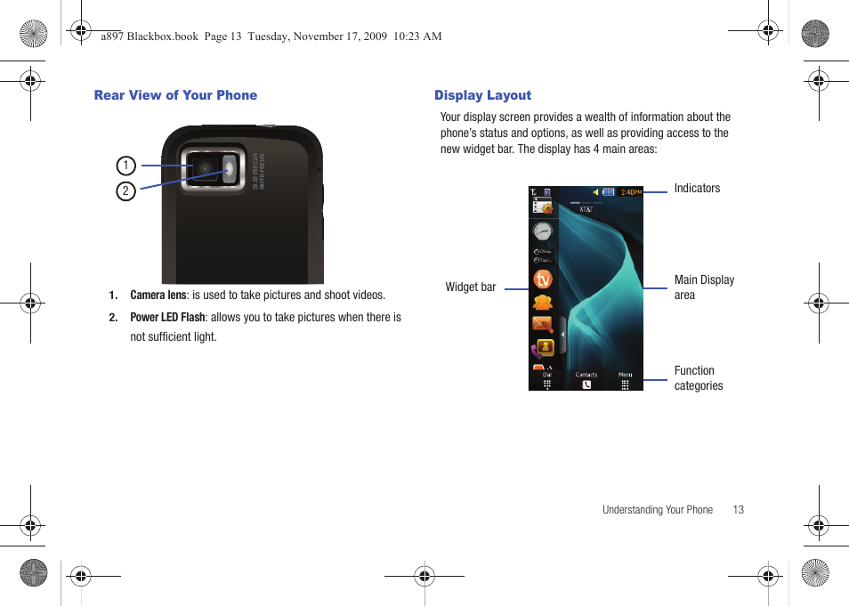 Rear view of your phone, Display layout, Rear view of your phone display layout | Samsung SGH-A897ZKAATT User Manual | Page 17 / 202