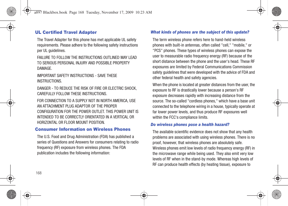 Ul certified travel adapter, Consumer information on wireless phones | Samsung SGH-A897ZKAATT User Manual | Page 172 / 202