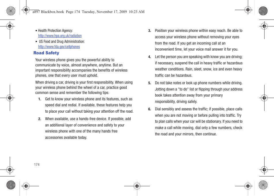 Road safety | Samsung SGH-A897ZKAATT User Manual | Page 178 / 202