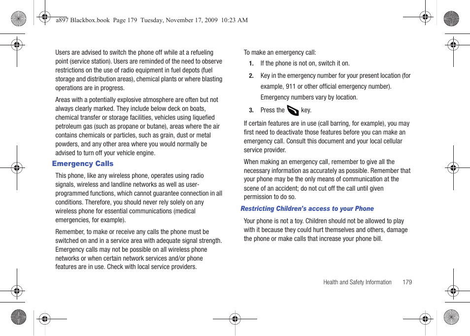 Emergency calls | Samsung SGH-A897ZKAATT User Manual | Page 183 / 202