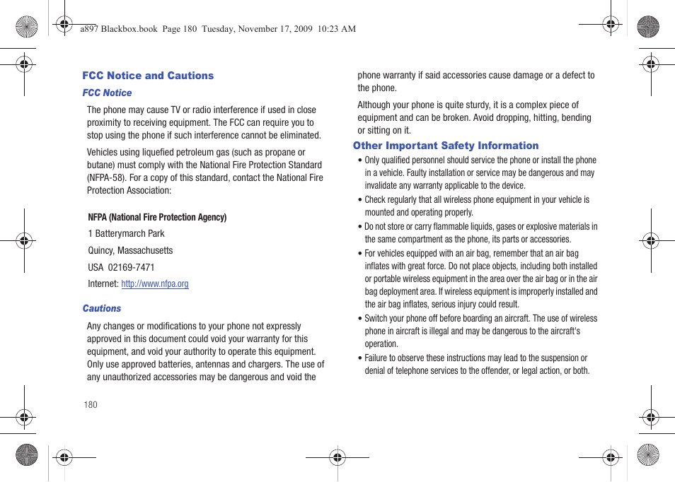 Fcc notice and cautions, Other important safety information | Samsung SGH-A897ZKAATT User Manual | Page 184 / 202