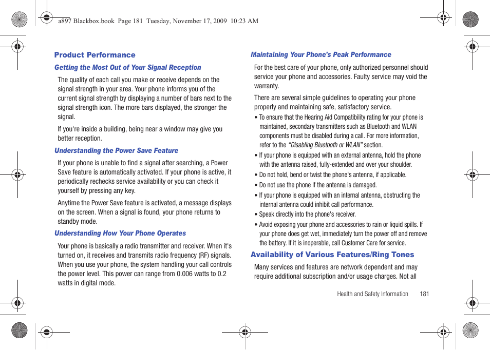 Product performance, Availability of various features/ring tones | Samsung SGH-A897ZKAATT User Manual | Page 185 / 202