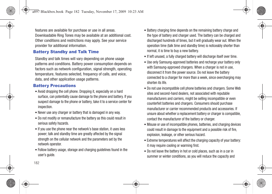 Battery standby and talk time, Battery precautions, Battery standby and talk time battery precautions | Samsung SGH-A897ZKAATT User Manual | Page 186 / 202