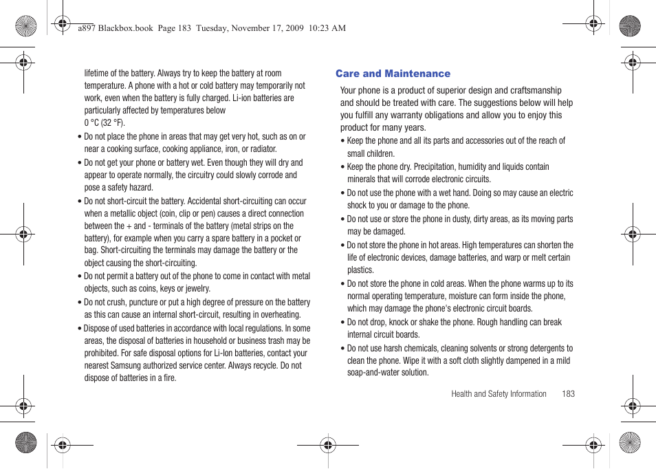 Care and maintenance | Samsung SGH-A897ZKAATT User Manual | Page 187 / 202