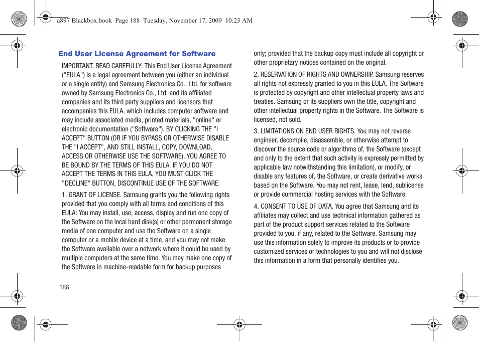 End user license agreement for software | Samsung SGH-A897ZKAATT User Manual | Page 192 / 202