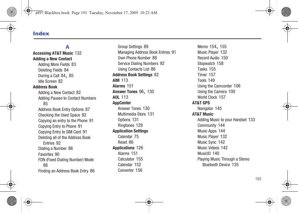 Index | Samsung SGH-A897ZKAATT User Manual | Page 197 / 202