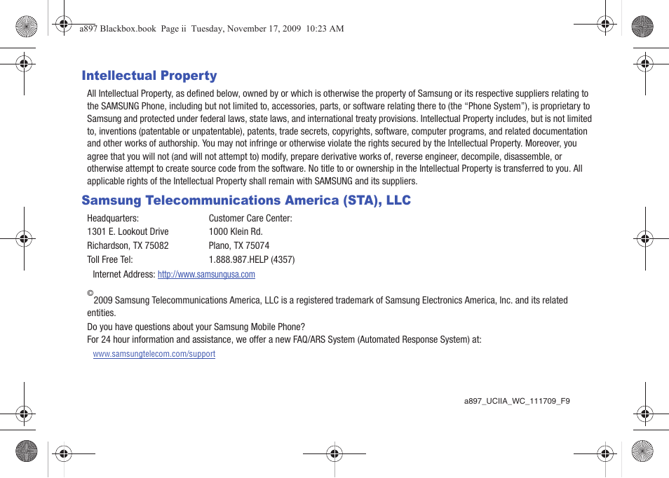 Intellectual property, Samsung telecommunications america (sta), llc | Samsung SGH-A897ZKAATT User Manual | Page 2 / 202