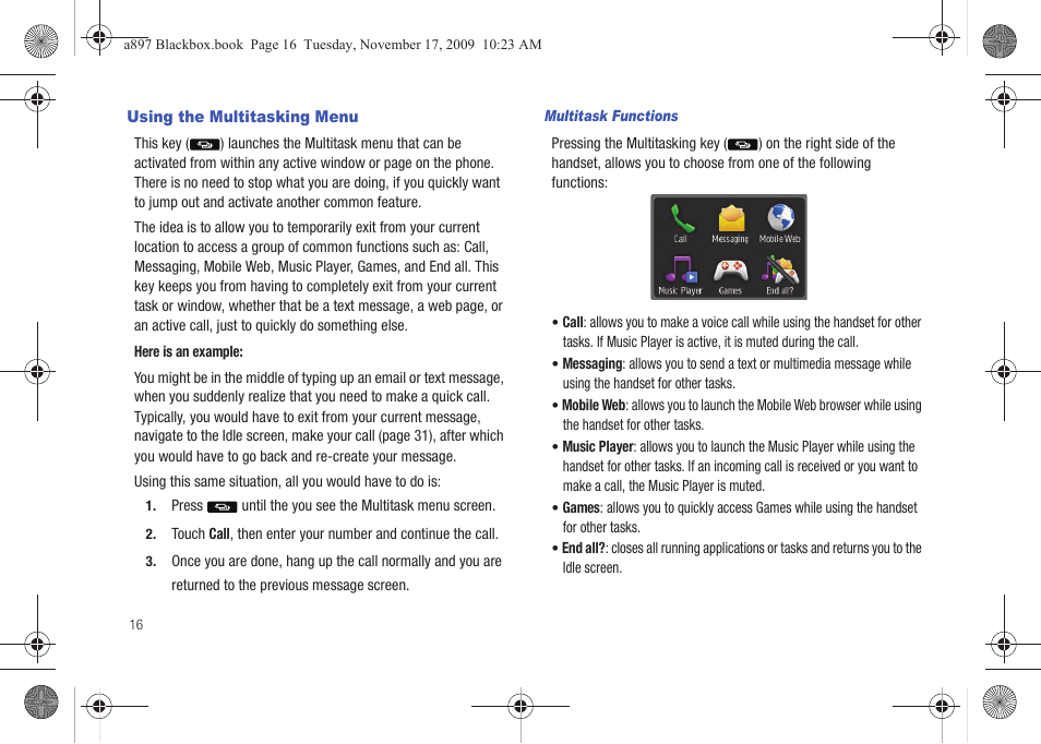 Using the multitasking menu | Samsung SGH-A897ZKAATT User Manual | Page 20 / 202