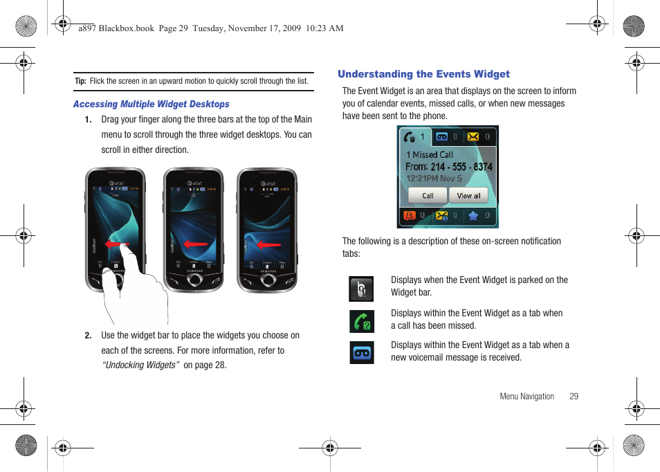 Understanding the events widget | Samsung SGH-A897ZKAATT User Manual | Page 33 / 202