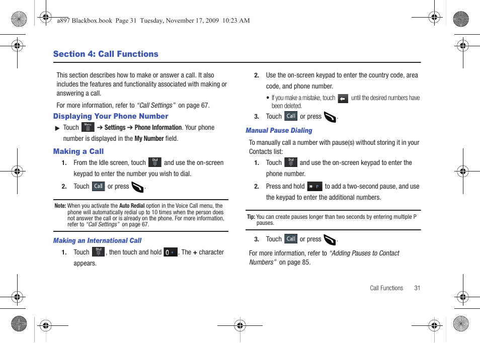 Section 4: call functions, Displaying your phone number, Making a call | Displaying your phone number making a call | Samsung SGH-A897ZKAATT User Manual | Page 35 / 202