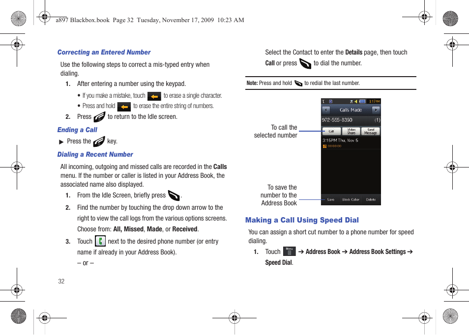 Making a call using speed dial | Samsung SGH-A897ZKAATT User Manual | Page 36 / 202