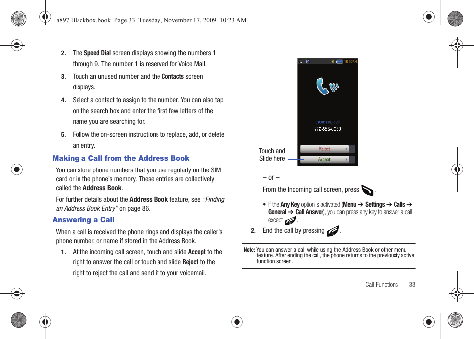 Making a call from the address book, Answering a call | Samsung SGH-A897ZKAATT User Manual | Page 37 / 202