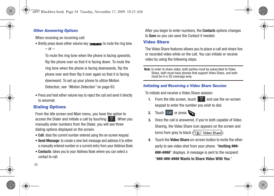 Dialing options, Video share, Dialing options video share | Samsung SGH-A897ZKAATT User Manual | Page 38 / 202