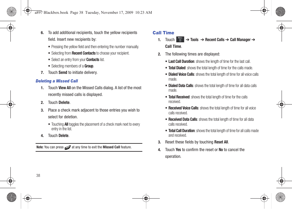 Call time | Samsung SGH-A897ZKAATT User Manual | Page 42 / 202