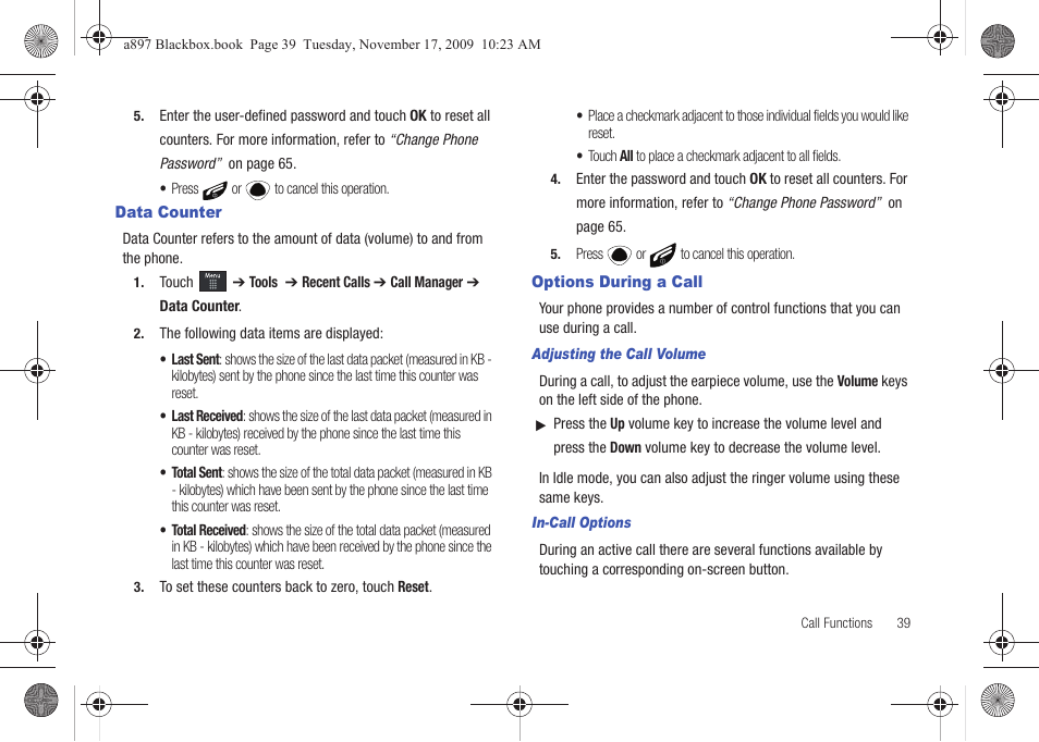 Data counter, Options during a call, Data counter options during a call | Samsung SGH-A897ZKAATT User Manual | Page 43 / 202