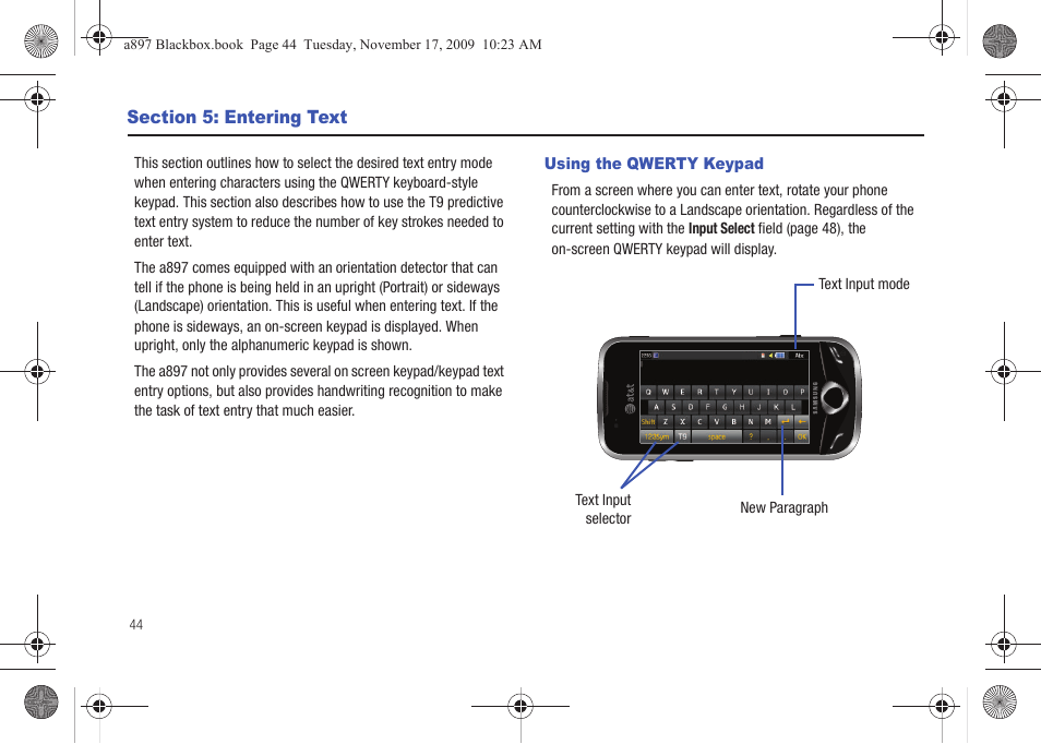 Section 5: entering text, Using the qwerty keypad | Samsung SGH-A897ZKAATT User Manual | Page 48 / 202