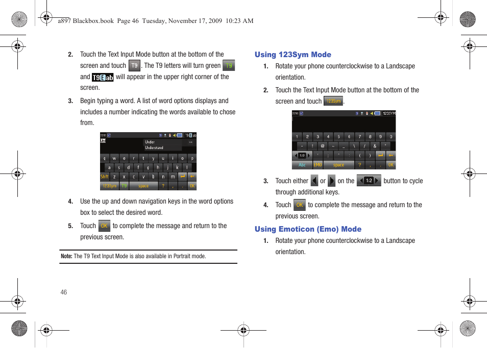 Using 123sym mode, Using emoticon (emo) mode, Using 123sym mode using emoticon (emo) mode | Samsung SGH-A897ZKAATT User Manual | Page 50 / 202