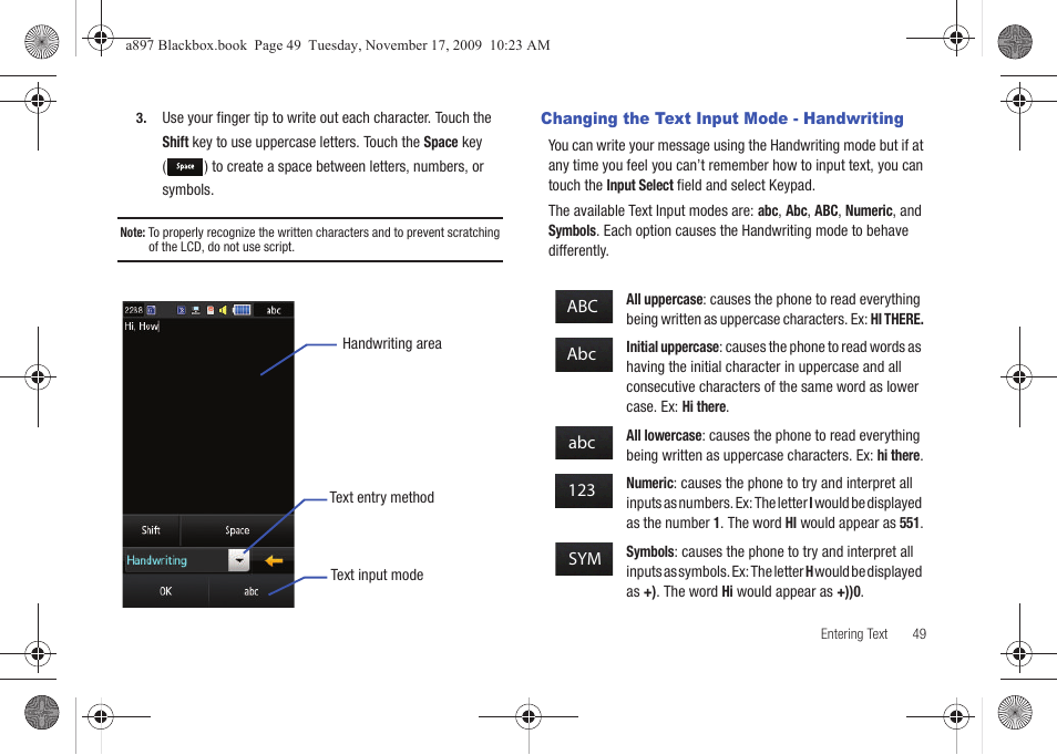 Changing the text input mode - handwriting | Samsung SGH-A897ZKAATT User Manual | Page 53 / 202