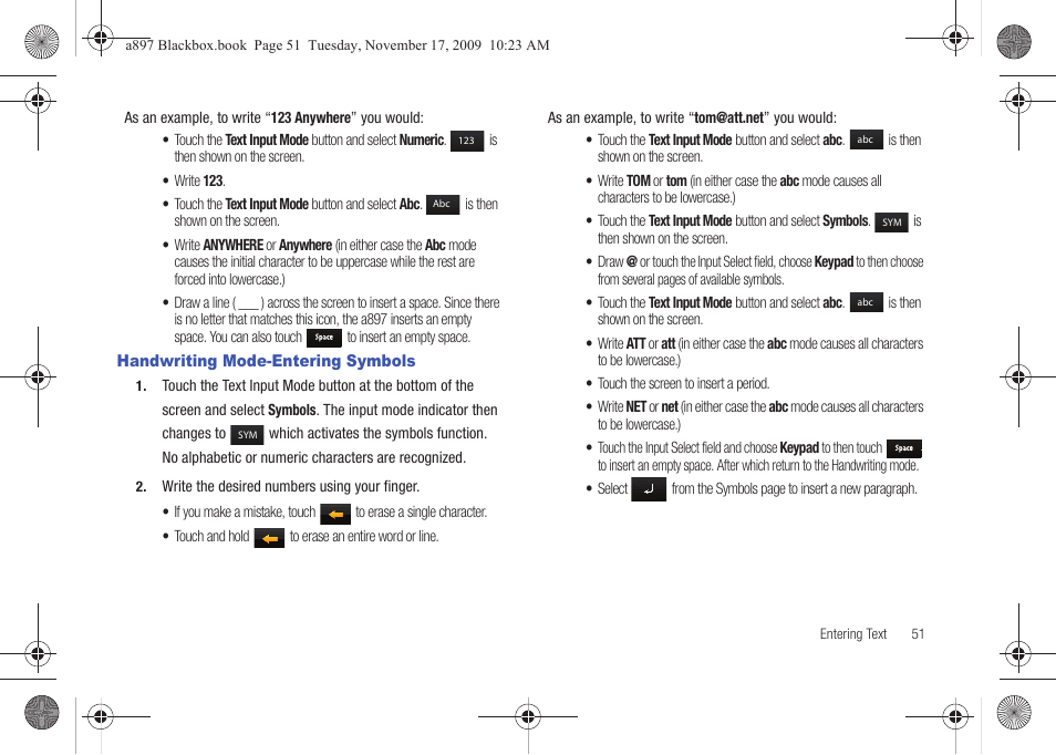 Handwriting mode-entering symbols | Samsung SGH-A897ZKAATT User Manual | Page 55 / 202