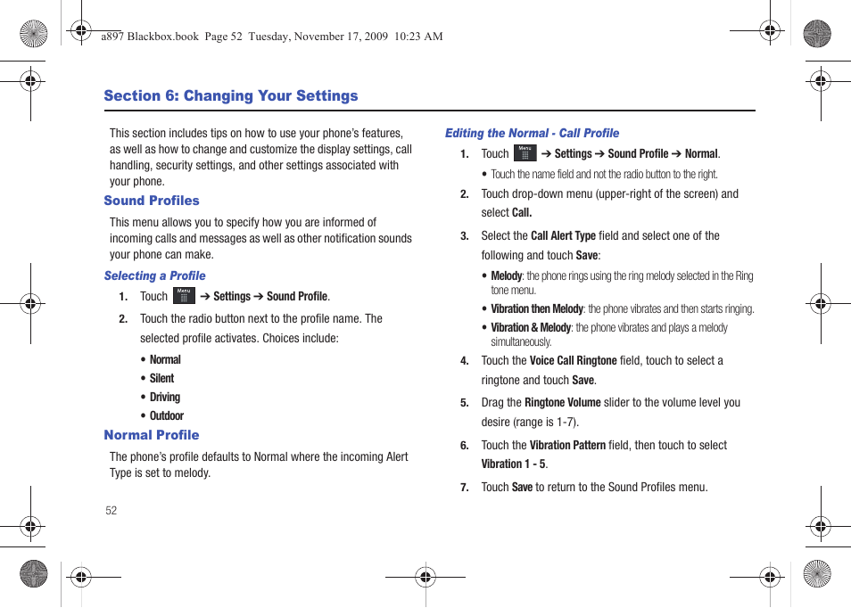 Section 6: changing your settings, Sound profiles, Normal profile | Sound profiles normal profile | Samsung SGH-A897ZKAATT User Manual | Page 56 / 202