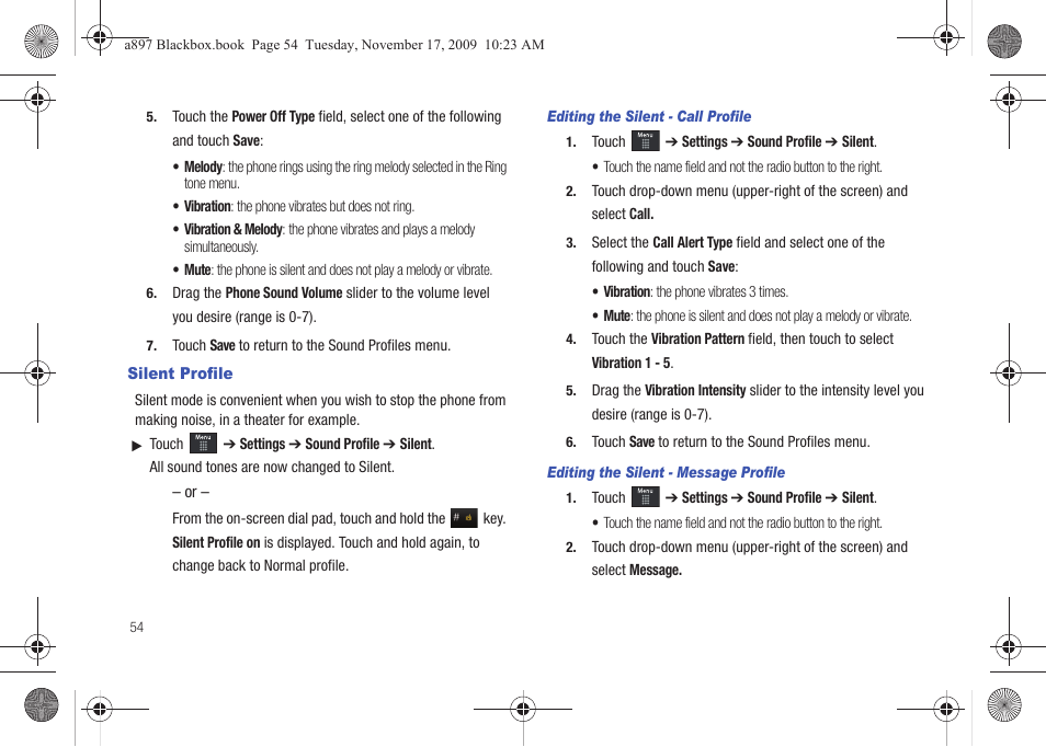 Silent profile | Samsung SGH-A897ZKAATT User Manual | Page 58 / 202