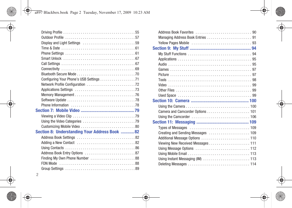 Section 7: mobile video 79, Section 8: understanding your address book 82, Section 9: my stuff 94 | Section 10: camera 100, Section 11: messaging 109 | Samsung SGH-A897ZKAATT User Manual | Page 6 / 202