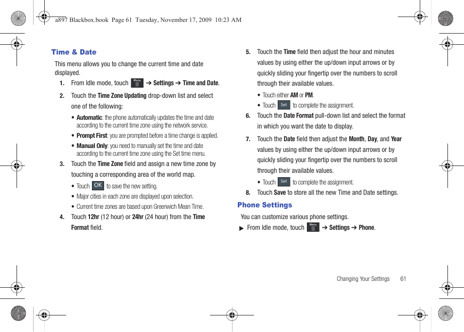 Time & date, Phone settings, Time & date phone settings | Samsung SGH-A897ZKAATT User Manual | Page 65 / 202