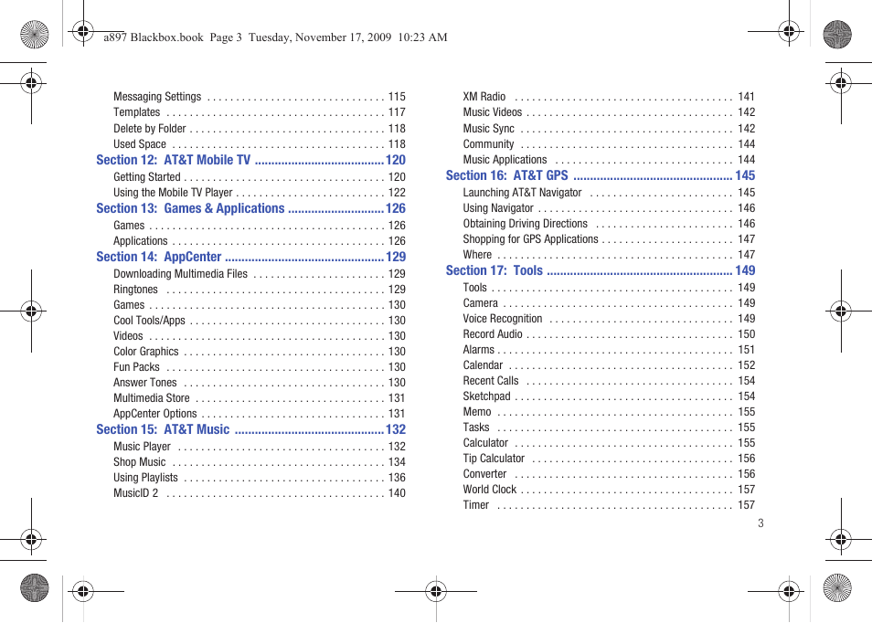 Section 12: at&t mobile tv 120, Section 13: games & applications 126, Section 14: appcenter 129 | Section 15: at&t music 132, Section 16: at&t gps 145, Section 17: tools 149 | Samsung SGH-A897ZKAATT User Manual | Page 7 / 202