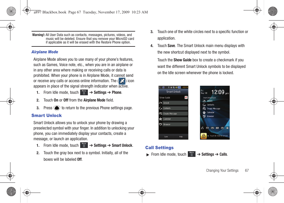 Smart unlock, Call settings, Smart unlock call settings | Samsung SGH-A897ZKAATT User Manual | Page 71 / 202