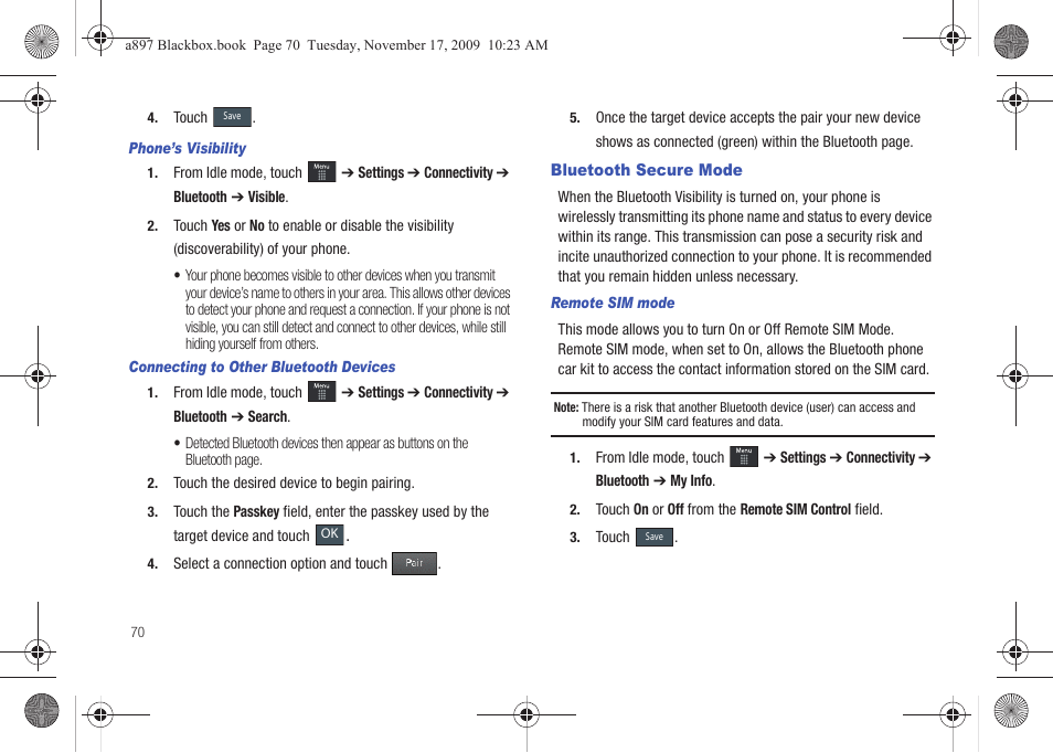 Bluetooth secure mode | Samsung SGH-A897ZKAATT User Manual | Page 74 / 202