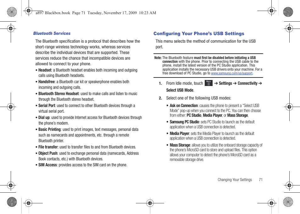 Configuring your phone’s usb settings | Samsung SGH-A897ZKAATT User Manual | Page 75 / 202