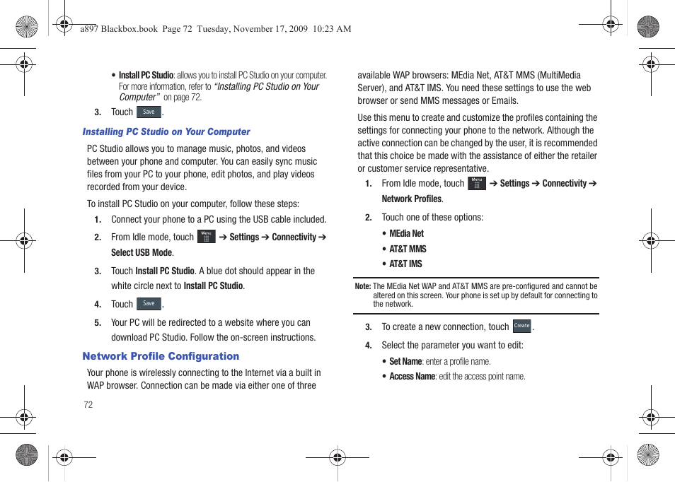 Network profile configuration | Samsung SGH-A897ZKAATT User Manual | Page 76 / 202