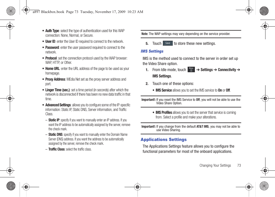 Applications settings | Samsung SGH-A897ZKAATT User Manual | Page 77 / 202