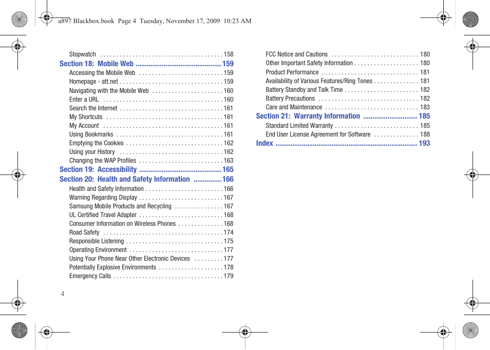 Section 18: mobile web 159, Section 19: accessibility 165, Section 20: health and safety information 166 | Section 21: warranty information 185 | Samsung SGH-A897ZKAATT User Manual | Page 8 / 202