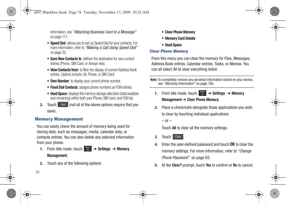 Memory management | Samsung SGH-A897ZKAATT User Manual | Page 80 / 202