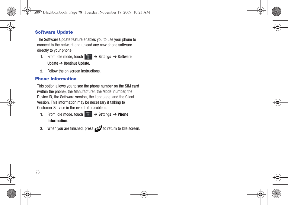 Software update, Phone information, Software update phone information | Samsung SGH-A897ZKAATT User Manual | Page 82 / 202