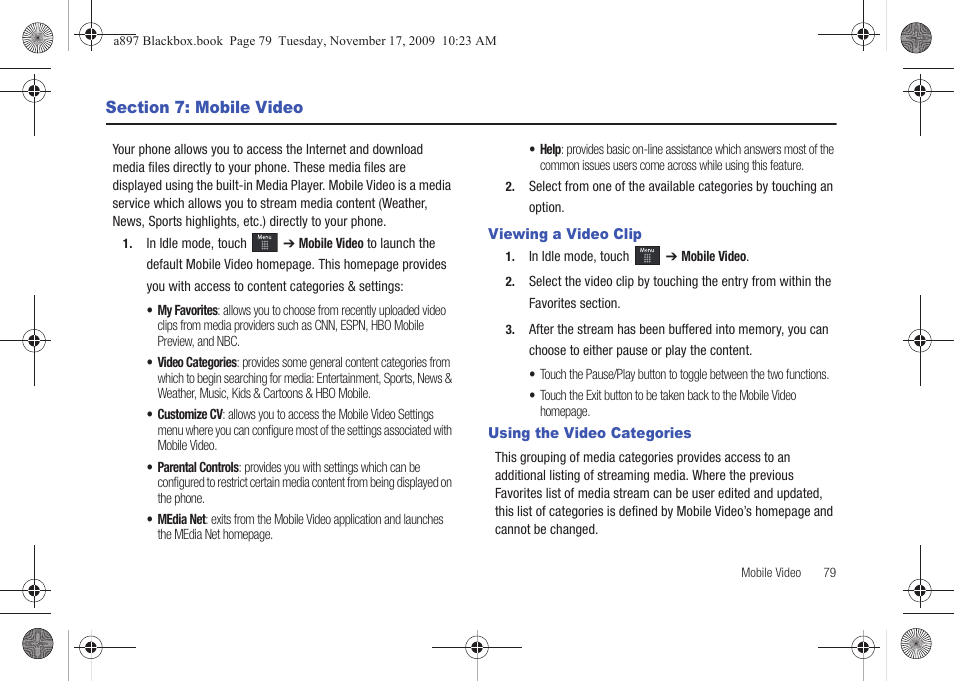 Section 7: mobile video, Viewing a video clip, Using the video categories | Viewing a video clip using the video categories | Samsung SGH-A897ZKAATT User Manual | Page 83 / 202