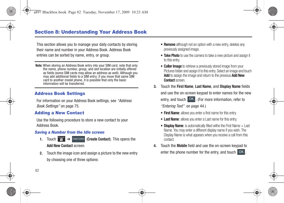 Section 8: understanding your address book, Address book settings, Adding a new contact | Address book settings adding a new contact | Samsung SGH-A897ZKAATT User Manual | Page 86 / 202