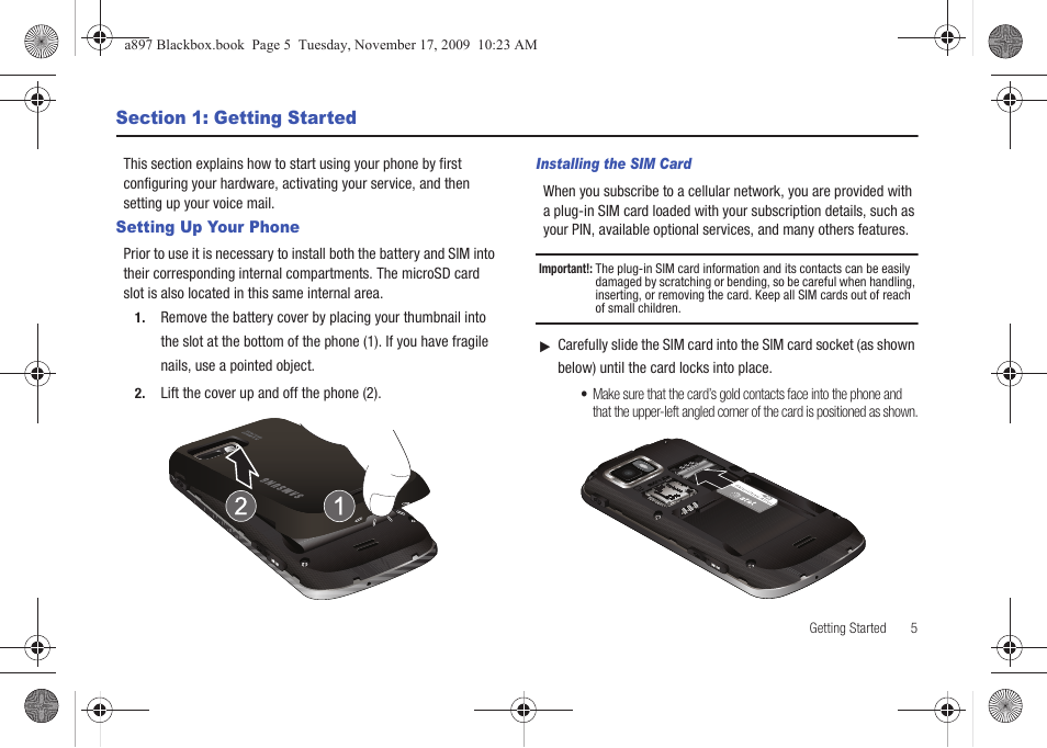 Section 1: getting started, Setting up your phone | Samsung SGH-A897ZKAATT User Manual | Page 9 / 202