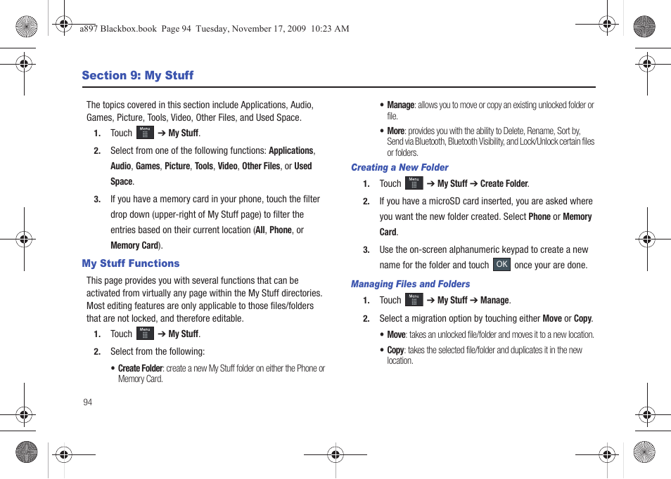 Section 9: my stuff, My stuff functions | Samsung SGH-A897ZKAATT User Manual | Page 98 / 202