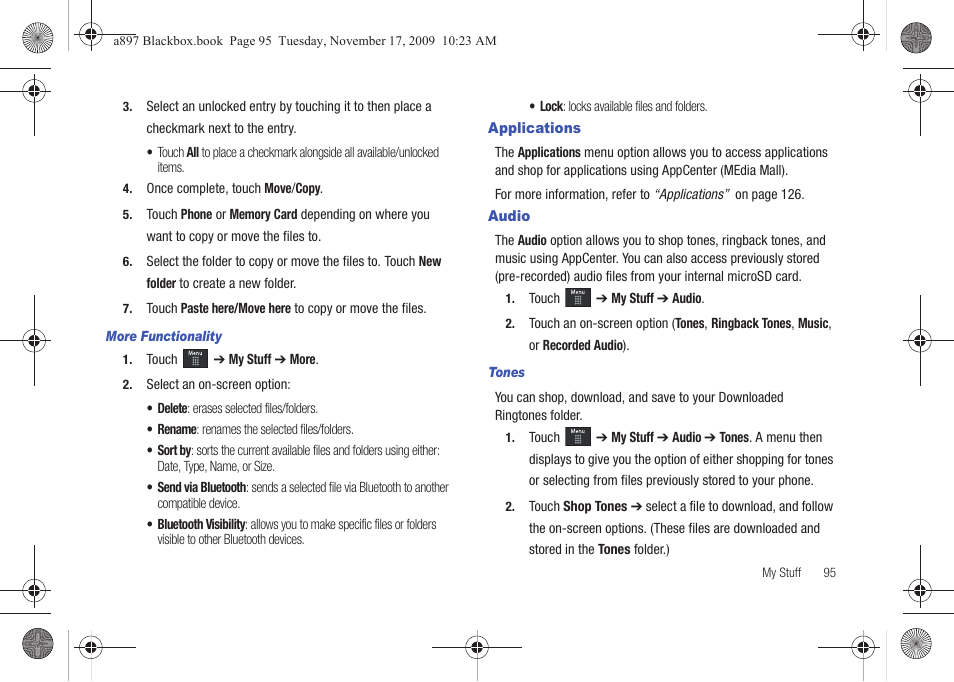 Applications, Audio, Applications audio | Samsung SGH-A897ZKAATT User Manual | Page 99 / 202